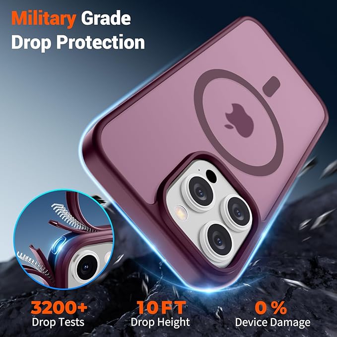 SUPFINE Magnetic for iPhone 15 Pro Max Case (Compatible with MagSafe) (Military Grade Drop Protection) Slim Translucent Matte Shockproof with Anti-Fingerprint Phone Case,Wine Red
