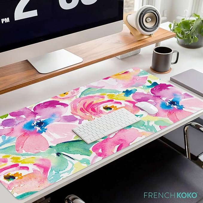 French KOKO Large Mouse Pad Desk Mat Desk Pad Keyboard School Essentials Office Decor Big Extended Laptop Protector Computer Accessories Pretty Mousepad Women Girls Pink Flowers XL Gift