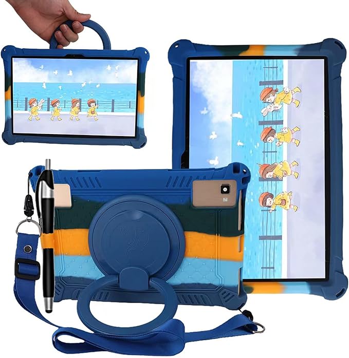 Tablet Case for TCL Tab 10 5G Case 10.1 Inch/TCL Tab 10S 9081X/9080G,Soft Anti-Stress Silicone Case with Rotate Stand/Pencil Holder/Shoulder Strap/Pen for TCL Tab 10.1 Inch (Colorful Dark Blue)