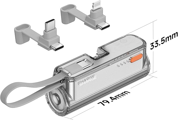 sharge Flow Mini 2 Portable Charger with Built-in Cable 22.5W Max Power Bank for Travel, Fast Charging Battery Pack with iOS and USB-C Connector for iPhone 17/16/15/14, Galaxy, Google Pixel, and More