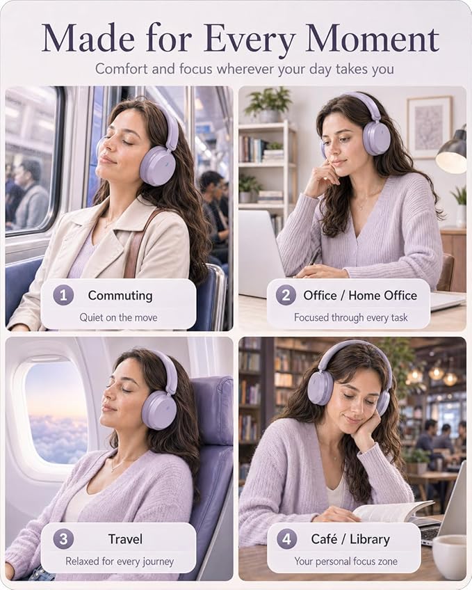 Wentronic Y05 Bluetooth Over-Ear Headphones with Active Noise Cancelling, Hi-Res Audio, 48H Playtime, Built-in Mic, Wired/Wireless, Works with iOS, Android & PC, Purple