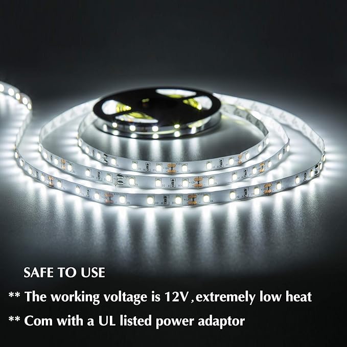 White LED Strip Lights, Waterproof cuttable 300 SMD 2835 LED Tape, 6000K 12V Flexible Ribbon, Kitchen Cabinet Lighting, Outdoor/Indoor (White(16.4ft))