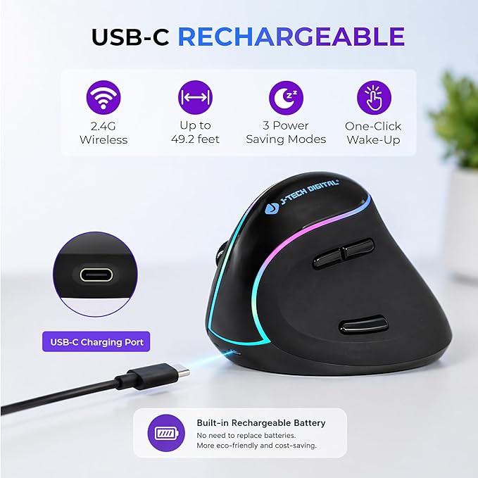 J-Tech Digital Ergonomic Mouse with Wireless Connection, Removable Palm Rest, Thumb Buttons, Rechargeable Battery, 800 DPI, Compatible with Windows and MAC OS