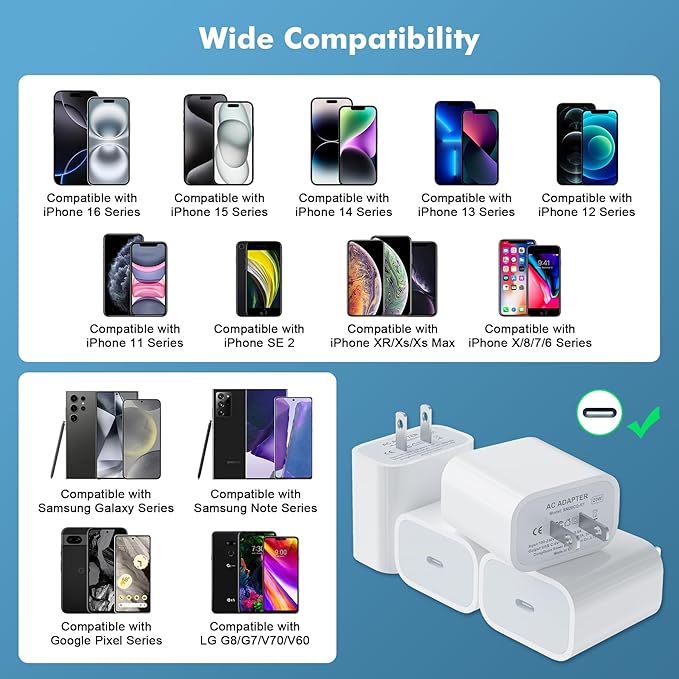[4 Pack] USB-C Wall Charger, 20W USB-C Power Adapter Replacement for Phone 17/16/15/14/13/15 Pro/Pro Max/Plus/XS/XR/X,Galaxy, Pixel,i Pad and More