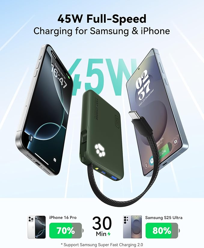 INIU 45W Power Bank, Fast Charging Portable Charger with Built-in USB C Cable, 10000mAh Small Type C Powerbank, Battery Pack for iPhone 17 16 15 14, iPad, Samsung S25 S24 etc Travel Camping, Green