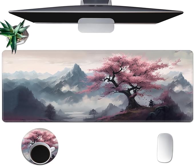 Large Mouse Pad, Desk Mat, XL Gaming Keyboard Mat, Non-Slip Rubber Base, Full Extended Mousepad for Gaming Office Home, 31.5 X 11.8 Inch, Sakura Tree