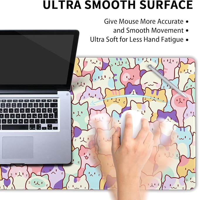 Kawaii Large Mouse Pad 31.5x11.8 Inches XL Extended Gaming Mousepad Funny Cute Cat Desk Mat, Long Computer Keyboard Mouse Mat Non-Slip Base Desk Pad Stitched Edges for Home Game Office Work