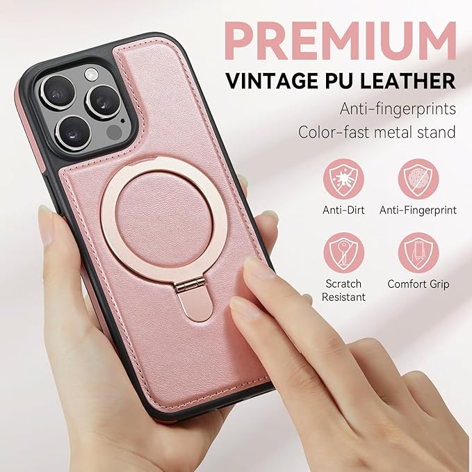 Compatible with iPhone 14 Pro Case with Stand, Compatible with MagSafe, Slim PU Leather & Durable TPU Protective Cover Drop-Proof with Tempered Glass Screen Protector 6.1", Rose Gold