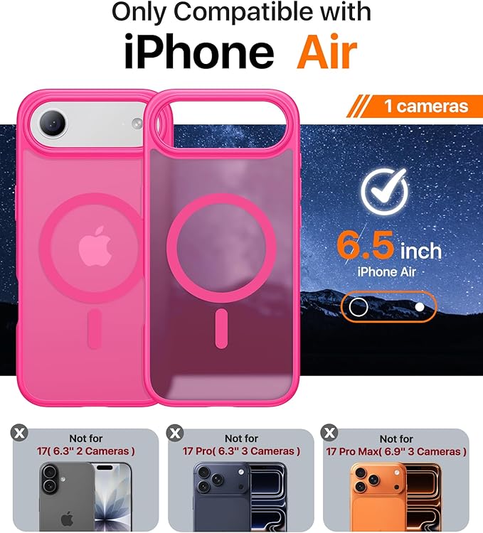 Magnetic for iPhone Air Case 2025,[Anti-Slip][Compatible with MagSafe][Military Grade Drop Protection] Shockproof Protective Translucent Matte Phone Case for iPhone 17 Air Case,Hot Pink