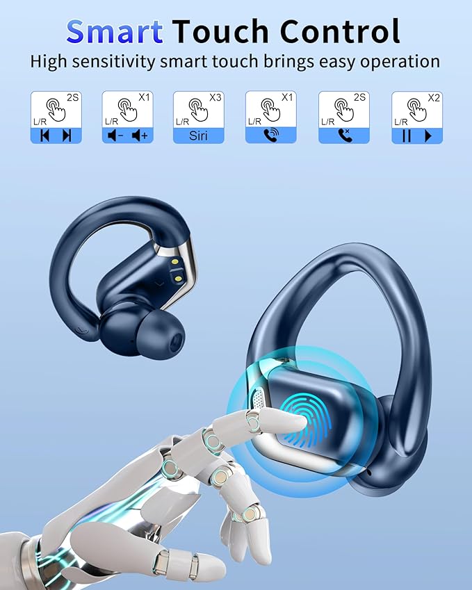 Wireless Earbud, Bluetooth 5.4 Headphones IP7 Waterproof for Sport, 50H Running Wireless Earphones with ENC Noise Cancelling Mic, Deep Bass Over Ear bud with Earhooks for Android, iOS, Workout, Gym