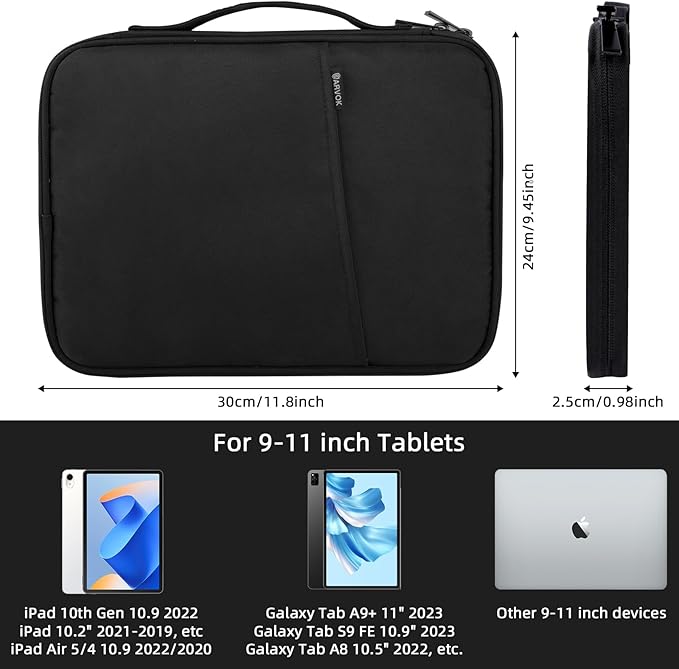 Arvok 9-11 Inch Tablet Sleeve Bag for New 11" iPad Pro M4/iPad Air M2 2024, iPad 10.9" (10th Gen), iPad Pro 11" 4/3/2, iPad Air 5/4/3 10.9"/10.5", Water-Resistant Tablet Carrying Case, Black
