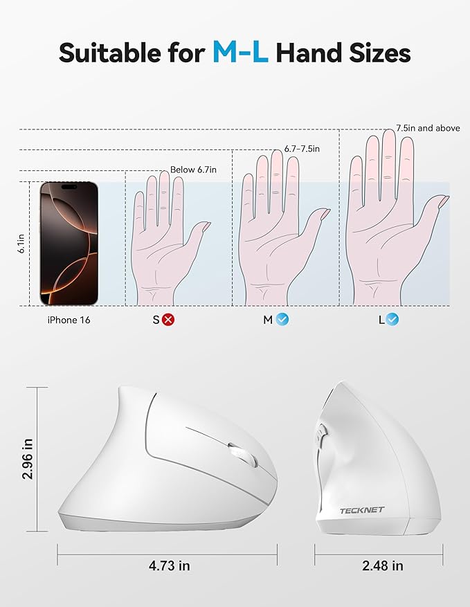 TECKNET Ergonomic Mouse, Rechargeable 2.4G+Bluetooth Vertical Mice 6 DPI Adjustable, Wireless Optical Carpal Tunnel Mouse Right Hand, Multi Device for Laptop, PC, Computer, MacBook, iPad - White