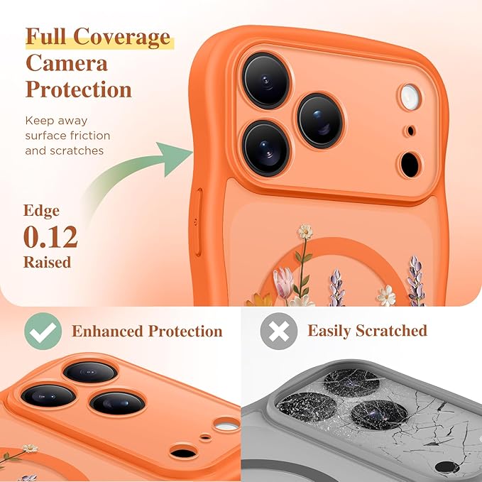 GVIEWIN for iPhone 17 Pro Max Case Compatible with MagSafe [Curly Wave Edge][Full Camera Protection] Floral Translucent Shockproof Magnetic Women Phone Case for 17 Pro Max, Primrose/Orange