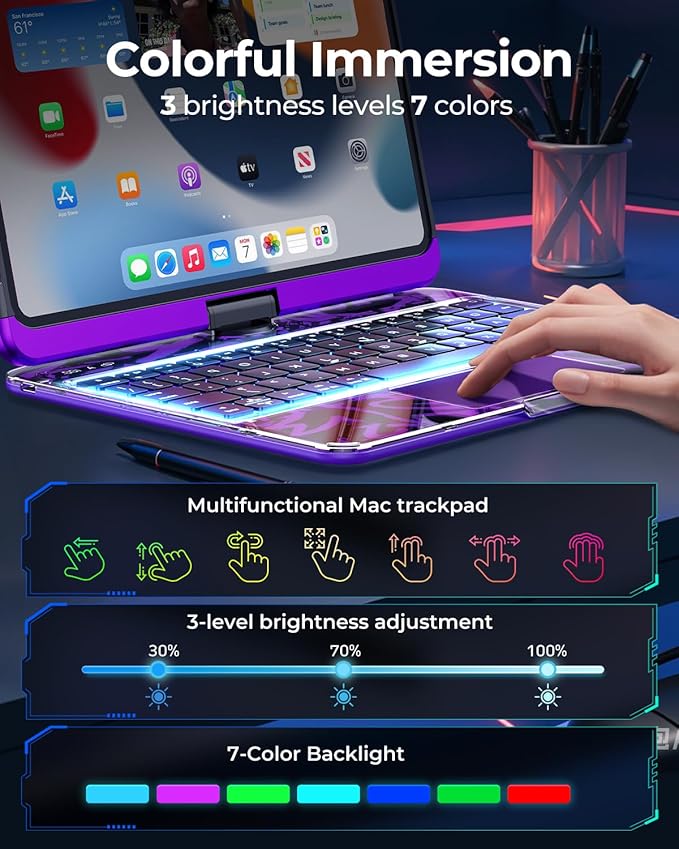 TSQQST Clear Keyboard Case for iPad Air 11 Inch (M4/M3/M2, 2026/2025/2024)/ iPad Air 5th/4th Generation 10.9" / iPad Pro 11" 1st/2nd/3rd/4th, Trackpad, Pencil Holder, 7-Color Backlit, Rotatable-Purple