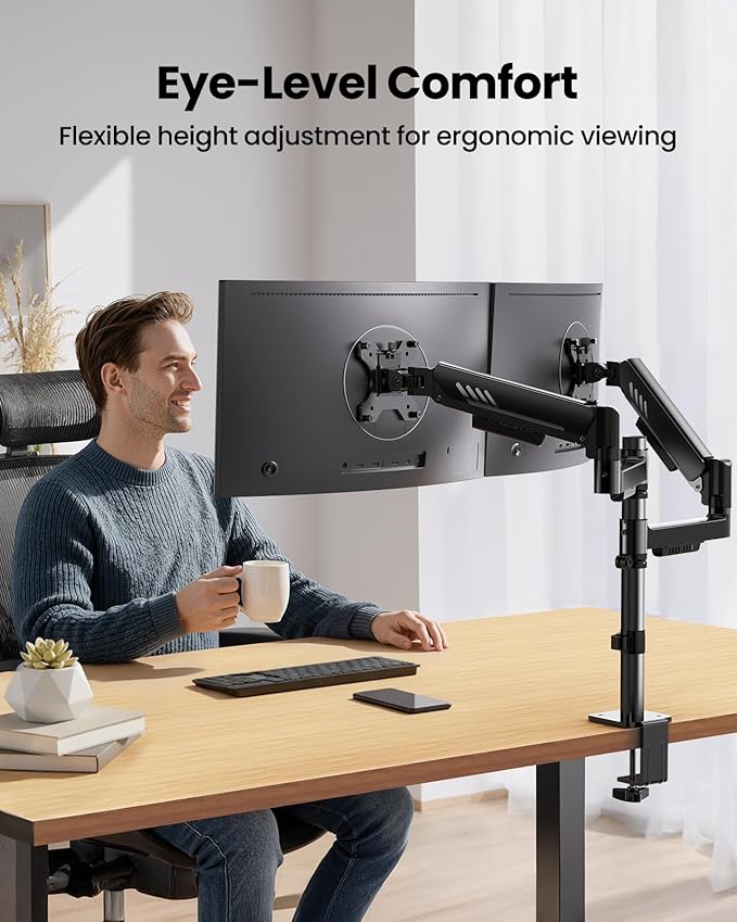 ErGear Vertical Dual Monitor Stand, Stacked Monitor Mount for 13-32″ Screens, Up to 19.8 lbs per Arm, Enhanced Stability with Integrated C-Clamp, Upgraded Cable Management, VESA 75x75/100x100mm, Black
