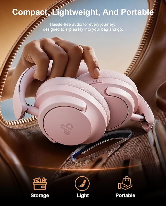 Hybrid Active Noise Cancelling Headphones, Over-Ear Bluetooth Headphone with Hi-Res Audio, 60H Playtime, Deep Bass, Transparency Mode, Foldable Comfort Ear Cups, Ideal gift for Travel Office - Pink
