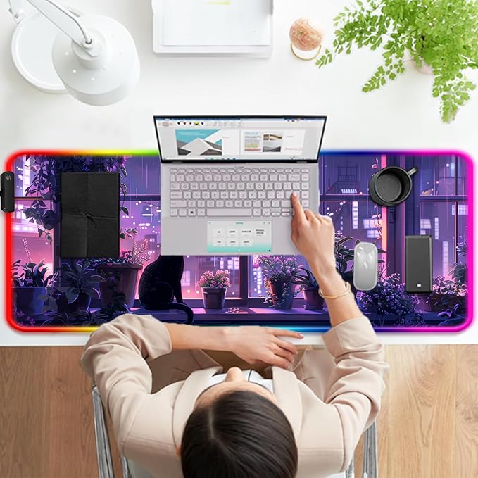 RGB Japanese Anime Cute Cat and Plant Gaming Desk Mat, Computer Keyboard Large Extended Kawaii Animal LED Mouse Pad for Office and Home, 31.5×11.8 Inches, XL, Purple
