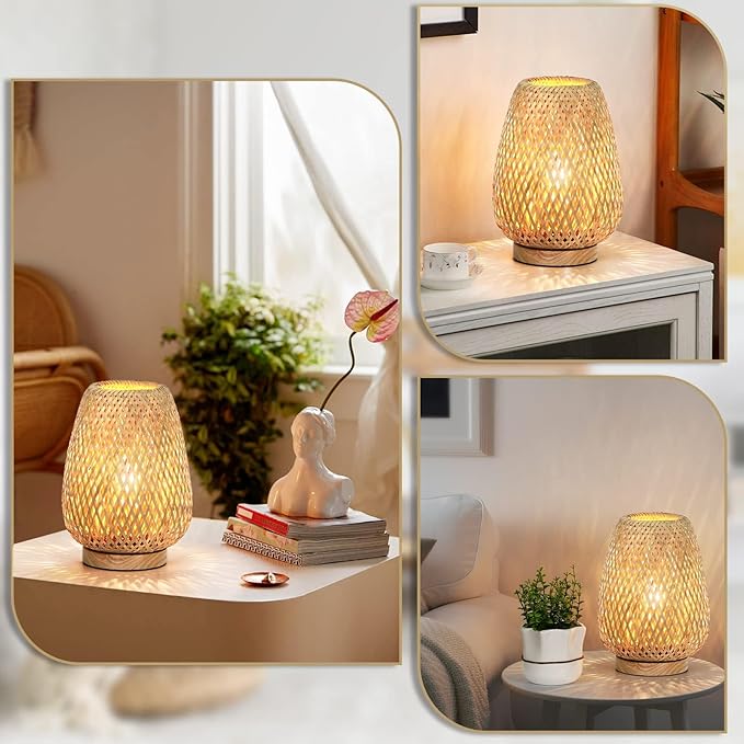 Rattan Table Lamp, Stepless Dimmable Small Beside Lamp, Vintage Wicker Wooden Nightstand Boho Bamboo Woven End Table Lamps for Bedroom Living Room Desk Kids Room, 2700K T45 LED Bulb Included