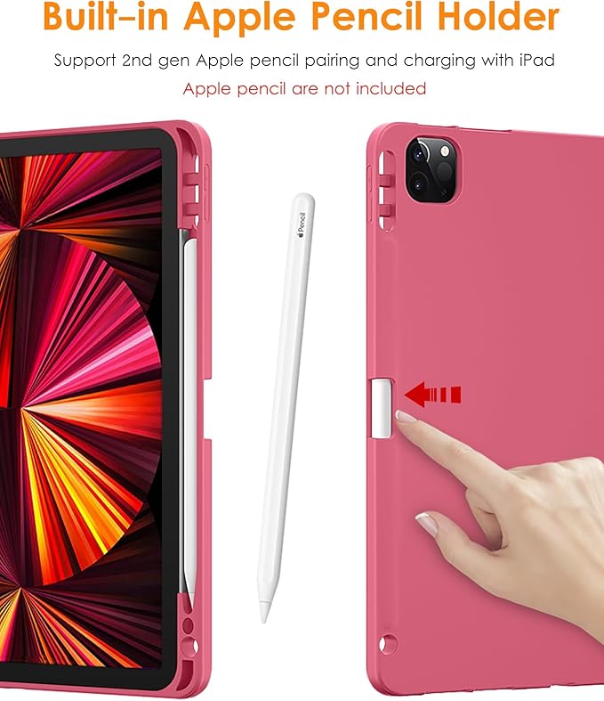 DTTO for iPad Pro 11 inch 4th/3rd/2nd/1st Generation 2022/2021/2020/2018 Case, Smart Slim Trifold Stand Soft TPU Back Cover with Built-in Pencil Holder, Also Fit iPad Air 5/4,Rose Red