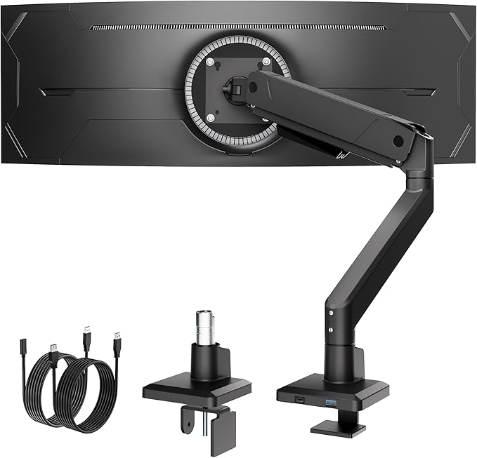 monTEK Single Monitor Arm with USB for Max 45 Inch Ultrawide Screens Adjustable Monitor Desk Mount Holds 35 Lbs Cable Management with C Clamp/Grommet Desk Mount, VESA 75/100mm