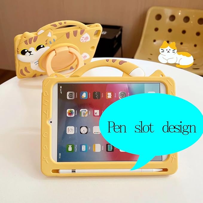 3D Cute Vivid Cat Case for iPad Air 6th/7th 11 inch 2024/2025 M2/M3(6th/7th Generation),Kawaii Cartoon Character Pretty Cat Soft Silicone Rotating Stand Case with Lanyard for Kids Teens Girls Women