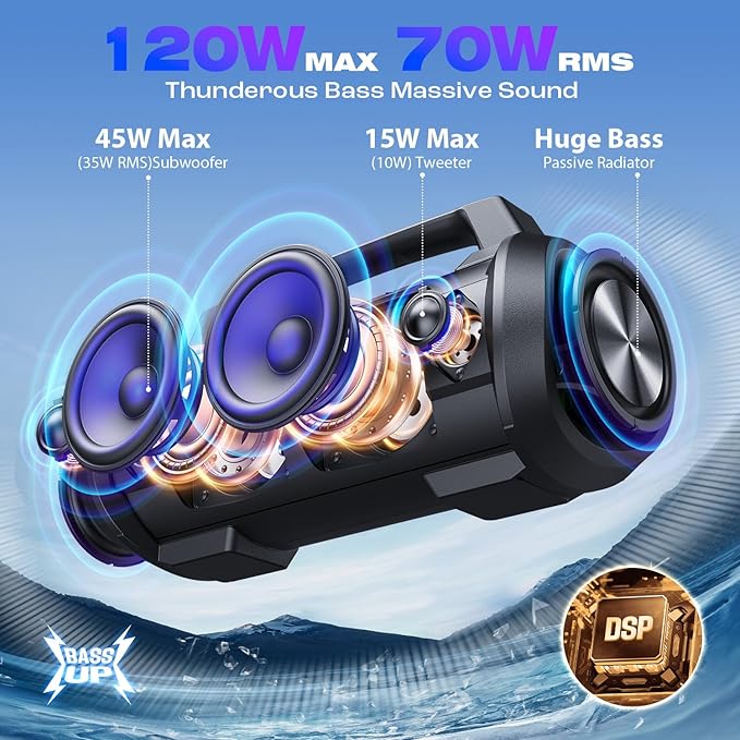 W-KING Portable Speakers Bluetooth Wireless, 120W Max Loudest Bluetooth Speaker, IPX6 Waterproof Outdoor Speaker with 70W Deep Bass/2*Subwoofer/DSP/EQ/42H/LED/MAC-in/TF/2 Pairing, Large Party Boombox
