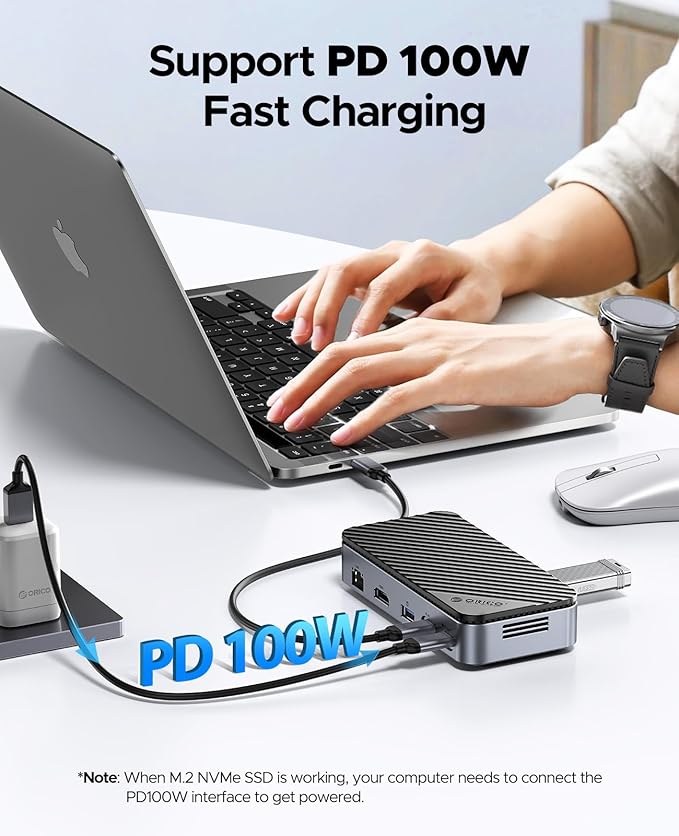 USB C Hub with M.2 SSD Enclosure, New Upgrade ORICO 10-in-1 USB-C Docking Station with Built in fan, 10Gbps USB 3.2 Gen2 M.2 NVMe SSD Reader, Support 4K@60Hz HDMI, 100W PD, Ethernet, SD/TF - DPM2P9-V1