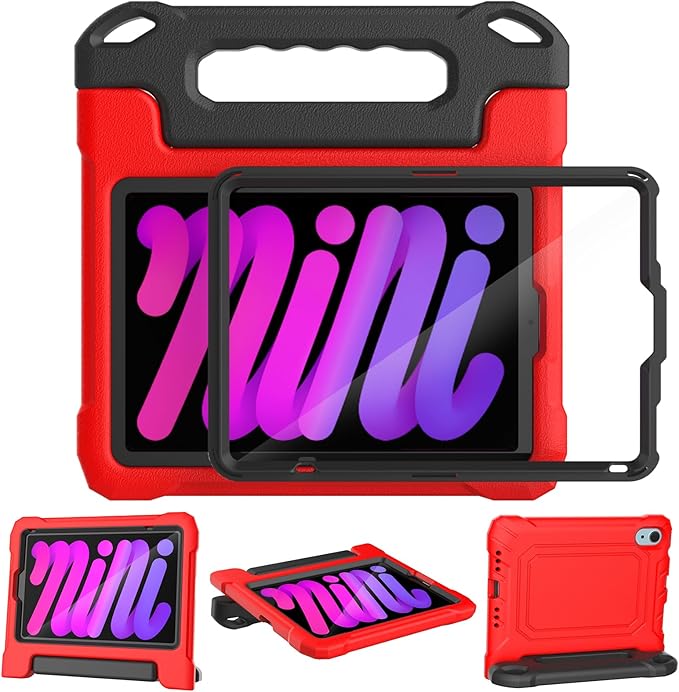YIHE Kids Case for 8.3 inch iPad mini 7 (A17 Pro) 2024 & iPad mini 6 (A15) 2021, Shockproof Cases for iPad mini 7th/6th Generation with Built-in Screen Protector & Handle Stand, Red&Black