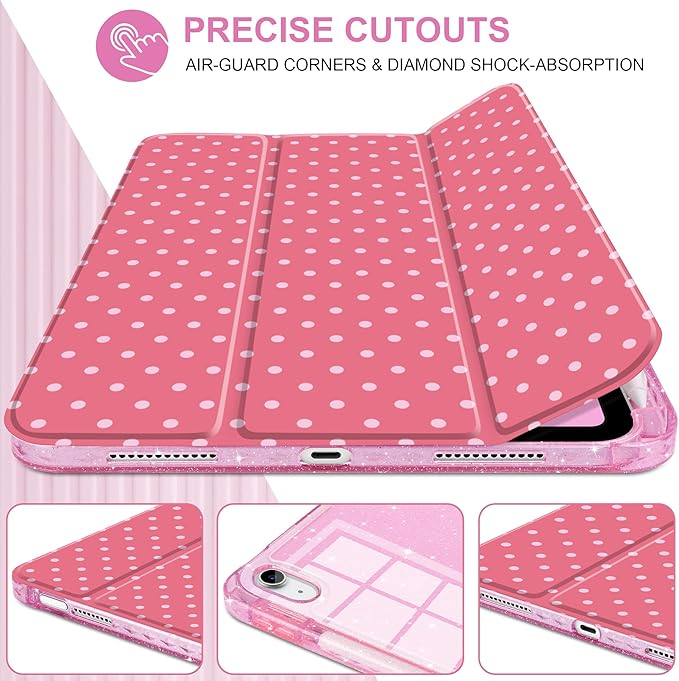 DONGKE for iPad Pro 11 inch Case – Fits M5 2025 / M4 2024, Shockproof Sparkling Glitter Acrylic Back, Pencil Holder, Trifold Stand, Auto Sleep/Wake & Touch ID Support - Dark Pink Polka Dot