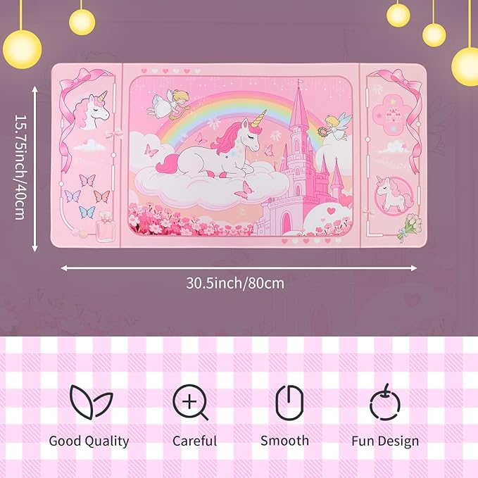 PERFECTSIGHT Cute Unicorn Desk Pad Kawaii Dream Desk Mat, Large Gaming Mouse Pad, Funny Deskmat Mousepad, Laptop Keyboard Pad Office Home Decor for Women Girls, Light Pink