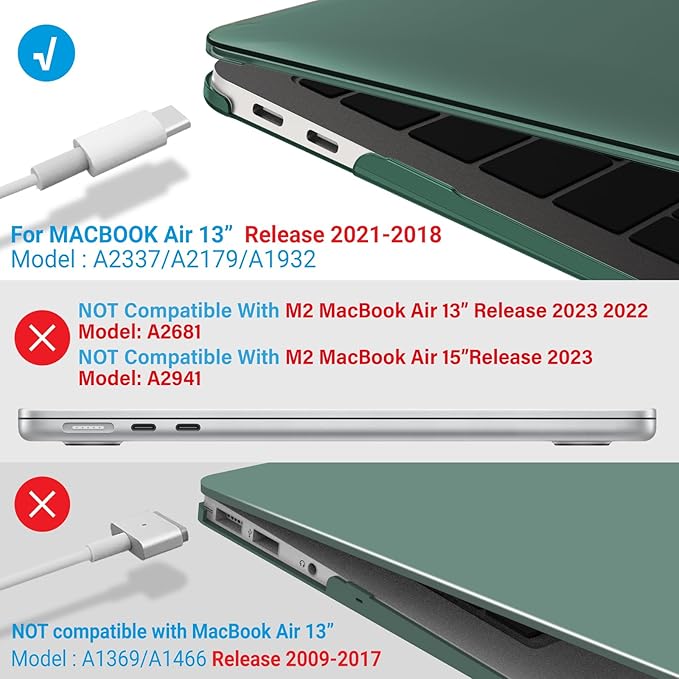 IBENZER Compatible with New MacBook Air 13 inch Case 2022 2021 2020 M1 A2337 A2179 A1932, Plastic Hard Shell Case with Keyboard Cover for Mac Retina Display with Touch ID, Midnight Green, MAT13-MTGN+1