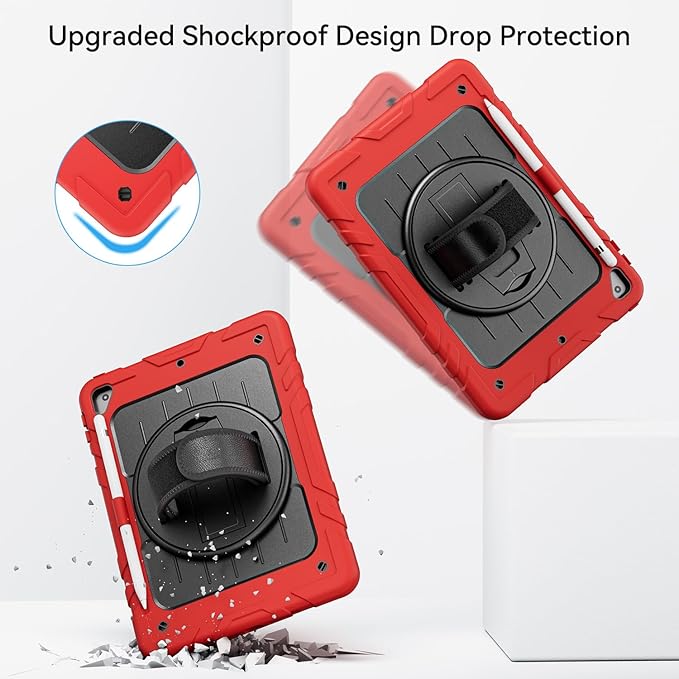 Case for iPad 6th/5th Generation 9.7'' with Screen Protector Pencil Holder [360 Rotating Hand Strap] &Stand, Drop-Proof Case for iPad 6th/5th/ Air 2/ Pro 9.7 (Red&Black)