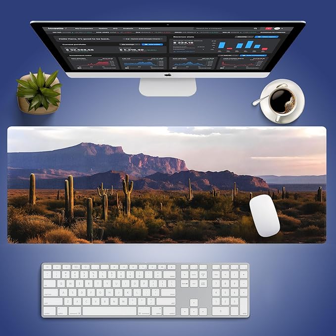 Wknoon. Extra Large Gaming & Office Mouse Pad (31.5" x 11.8") – Saguaro Scenery Arizona Desert Landscape with Cactus Mountain in Spring Wilderness, Premium XXL Desk Mat with Durable Stitched Edges