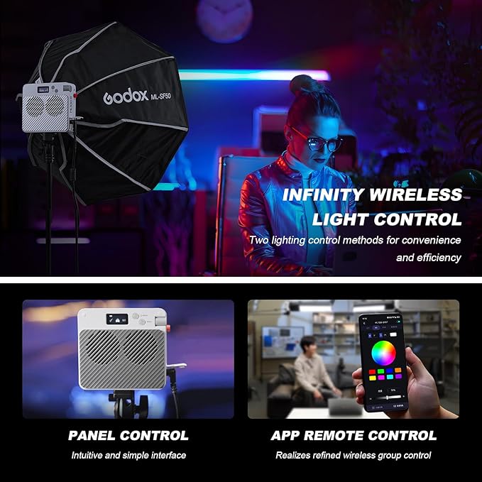 Godox ML100R RGB LED Video Light with Battery Grip & Carry Case, 110W Full-Color, 1800K-10000K CRI 97+/TLCI 98+, 14 FX Effects APP Control Portable Video Light for Studio/Streaming/Outdoor Photography