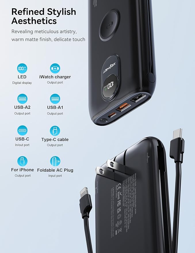 Portable Charger, 10000mAh 22.5W Power Bank Fast Charging with Wall Plug, Built-in Cables, LED Display, Compact Lightweight USB C Travel Battery Pack for iPhone 17/16, Android Cell Phone, Pad, iWatch