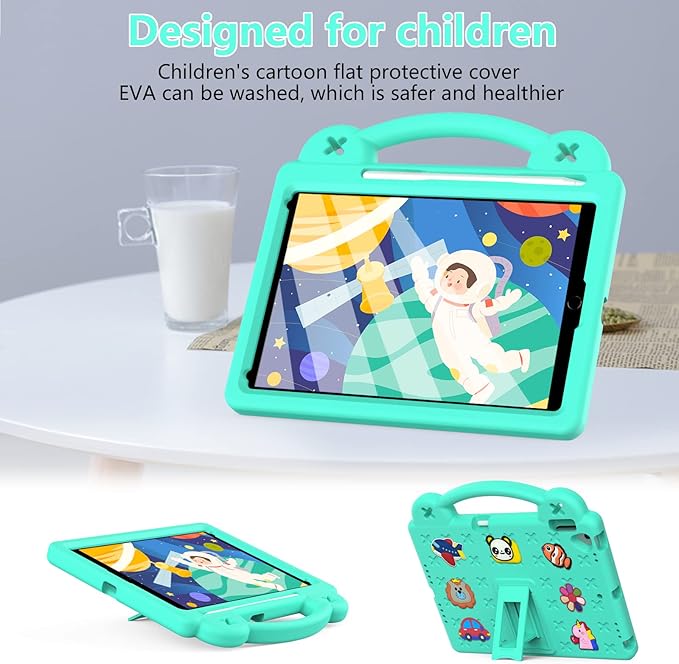 Dteck for iPad 9th/8th/7th Generation 10.2" Kids Case,Cartoon Panda Shockproof Rugged Lightweight Convertible Handles Stand Kid Friendly Case with Pencil Holder for iPad 10.2 2021/2020/2019,Mint Green