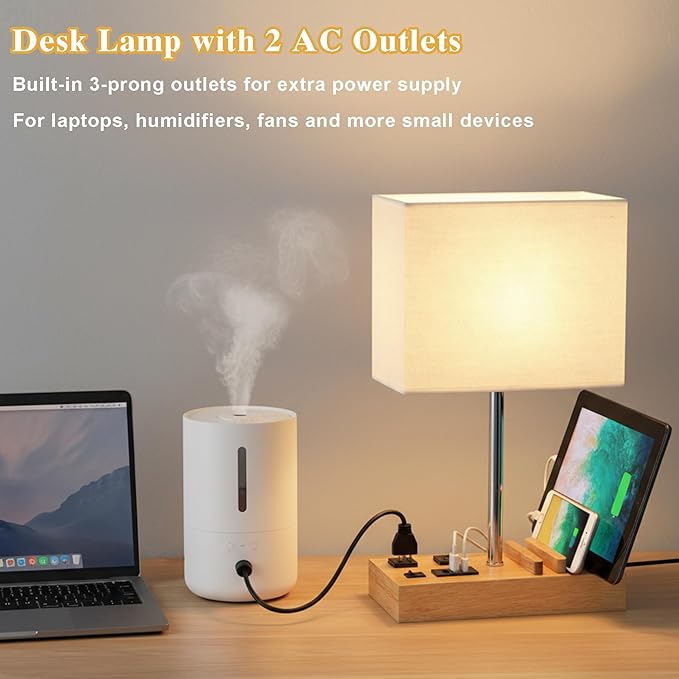 Briever Upgraded 3 USB Table Lamp with 2 USB A & C Charging Ports, Bedside Desk Lamp with 2 AC Outlets and Wooden Phone Stand Organizer, Nightstand Lamp for Bedroom, Living Room, Office, Natural Wood