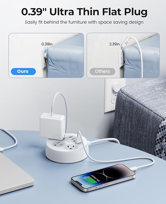 ORICO Power Strip with USB C Ports, Flat Plug Extension Cord with Multiple Outlets, Power Strip with 2 USB-A and 2 USB-C Ports, Compact for Cruise Ship, Travel, Mountable for Office, Home, Dorm-PSO