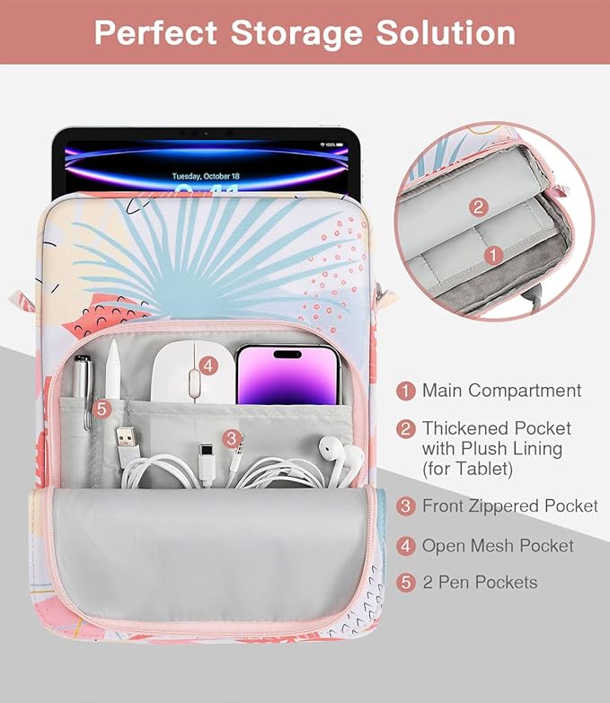 MoKo 9-11 Inch Tablet Sleeve Bag Handle Carrying Case with Shoulder Strap Fits iPad Pro/Air/A16 11 inch,iPad 10th 10.9,i-Pad 9/8/7th 10.2,iPadAir 5/4th 10.9,i-Pad 9.7,Tab S8/S9 11", Tropical Leaf