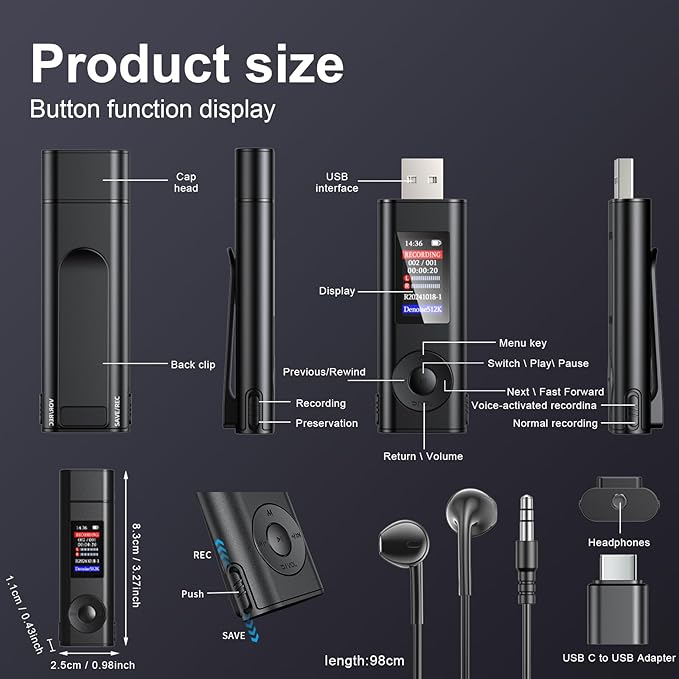 Digital Voice Recorder with 64GB Storage, Voice Activated Recording, USB Connectivity, Playback Function for Meetings, Interviews, Classroom
