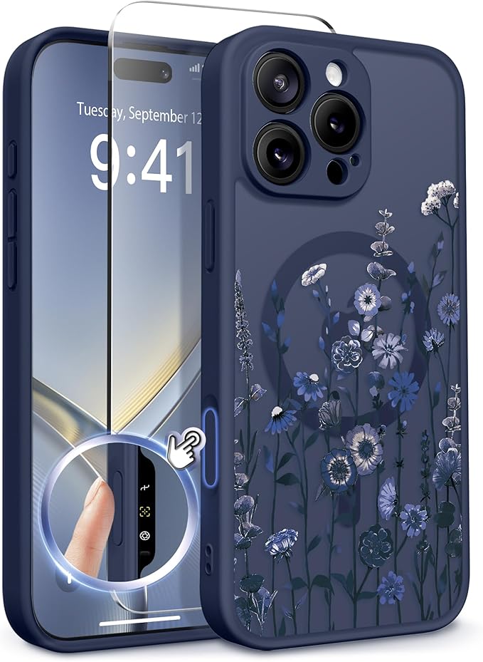 GVIEWIN for iPhone 16 Pro Case Compatible with MagSafe, [Military Grade Protection] [Screen Protector] Full Camera Protection Floral Translucent Women Magnetic Phone Case, Floratopia/Blue