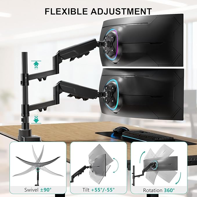 WALI Vertical Dual Monitor Mount for 17-49 inch Ultrawides Curved Screens, Heavy Duty Stacked Dual Monitor Stand for Desk, Adjustable Ultrawide Monitor Arm up to 33lbs, VESA Mount 75/100mm, Black