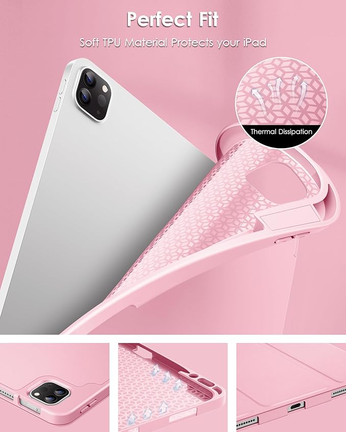 DTTO for iPad Air 13 Inch Case M4/M3/M2 2026/2025/2024, iPad Pro 12.9 Inch Case (6th/5th/4th/3rd Gen), Smart Slim Trifold Stand Soft Cover with Pencil Holder, Pink