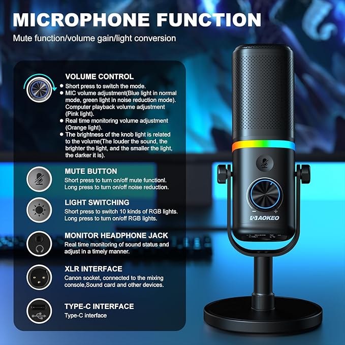 Aokeo Microphone for PC, AK-10 USB/XLR Dynamic Desktop Microphone for Gaming,Podcast,Streaming with RGB Light,Volume Control,Mute Button,Noise Reduction