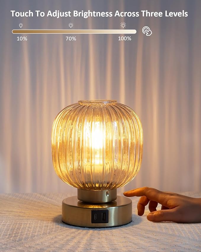 Elenhome Touch Small Table Lamp,Elegant Gold Glass Bedside Lamp 3 Way Dimmable with USB C+A Charging Ports - Bedroom Nightstand & Living Room Essential, 4W Bulb Included (Gold)