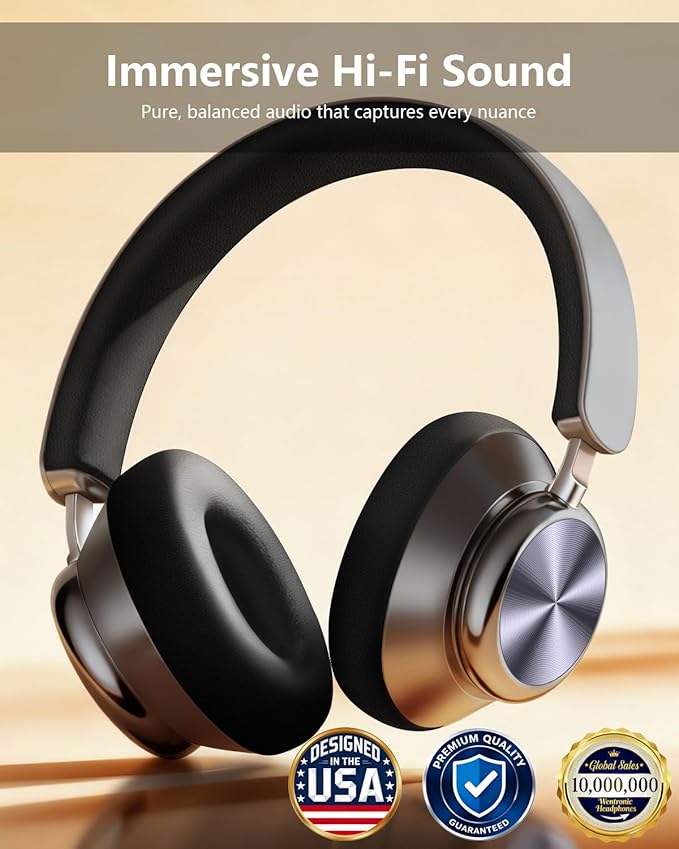 Wentronic Y03 Bluetooth Headphones Wireless Active Noise Cancelling Over Ear Headphones 48 Hours Playtime High Sound Quality 6 EQ Music Mode Headphones with Soft Ear Cushion - Grey