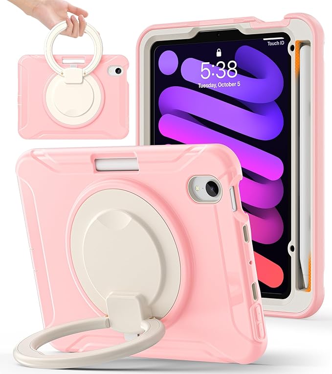 BATYUE Shockproof Case for iPad mini 7 (A17 Pro)/ Mini 6 8.3 inch (2024/2021) - 360° Multi-Angle Stand (Portrait & Landscape) & Grip, Built-in Pencil Holder, Pink