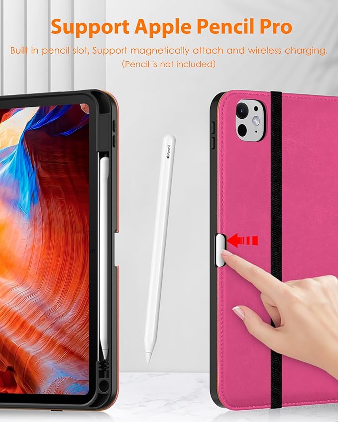 DTTO for iPad Pro 11 inch Case (M5/M4) 2025/2024, Premium Leather Business Folio Stand Cover with Pencil Holder - Auto Wake/Sleep and Multiple Viewing Angles, Rose Red
