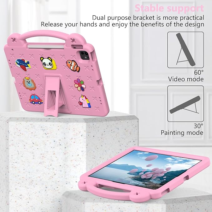 Kids Case for iPad Air 13 inch M3 2025/M2 2024,iPad Pro 13 inch M4 2024 & iPad Pro 12.9 inch Case 6th/5th/4th/3rd Gen 2022 2021 2020 2018 with Stand/Pencil Holder/Handle, Pink Bear