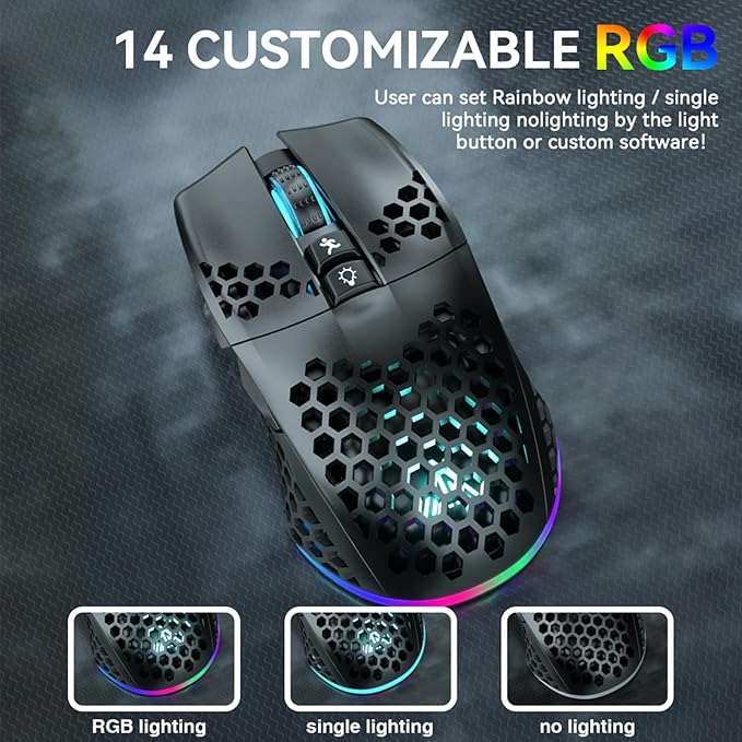 SOLAKAKA SM600 Honeycomb Shell Gaming Mouse Wireless,Tri-Modes BT/2.4G Wireless/Type-C Wired Gamer Mouse with 2 Side Buttons, Macro Programmable and RGB Light for PC/Mac/Laptop,Black